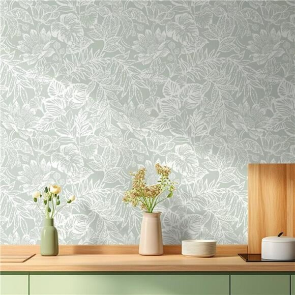 Tropical Leaf Peel Stick Wallpaper Green White Floral Removable Wall Decor - Picture 2 of 7